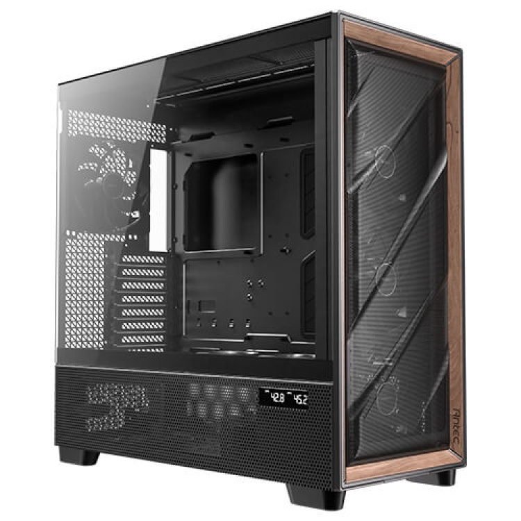 Antec Flux Pro Tower ATX Case - Black/Walnut with Digital Display